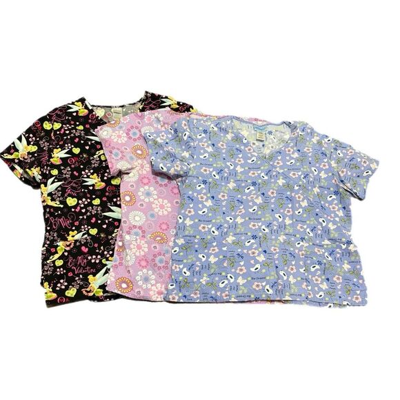 Scrub Tops Lot 3 Disney Life Uniform Destination Women’s XL Pink Purple Black. - Picture 1 of 16